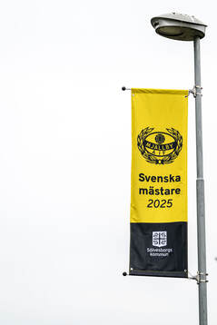 En vimpel med texten Mjällby AIF - Svenska mästare 2025