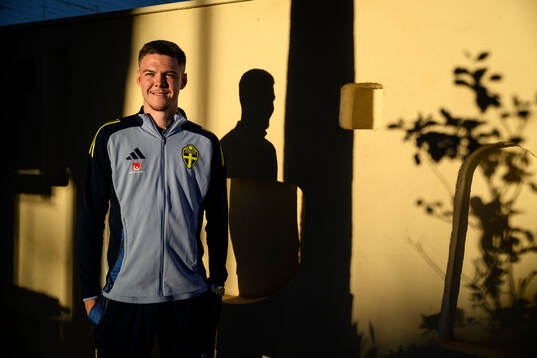 Emil Holm of the Swedish national football team poses for a