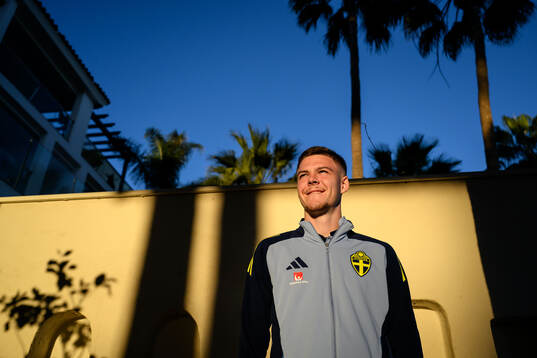 Emil Holm of the Swedish national football team poses for a