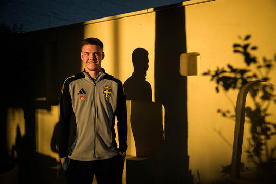 Emil Holm of the Swedish national football team poses for a