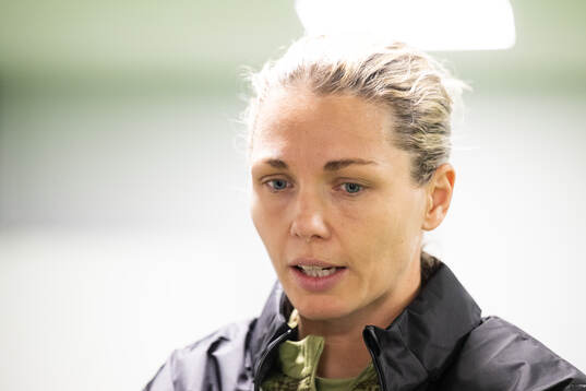 Goalkeeper Jennifer Falk is interviewed