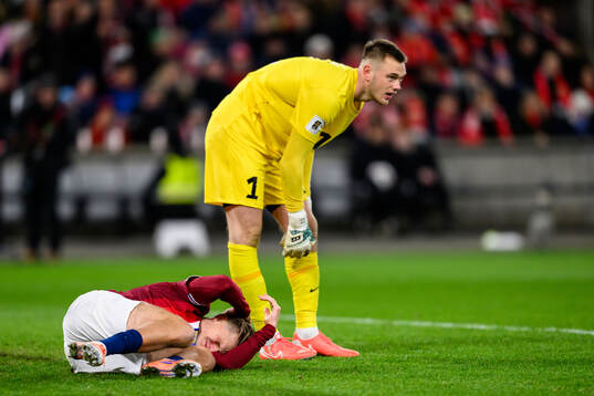David Møller Wolfe of Norway and goalkeeper Karl Hein of
