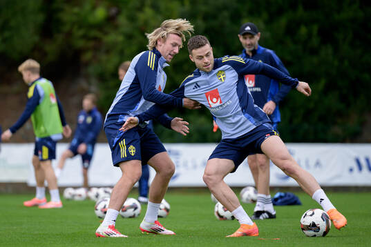Emil Forsberg and Gabriel Gudmundsson of the Swedish