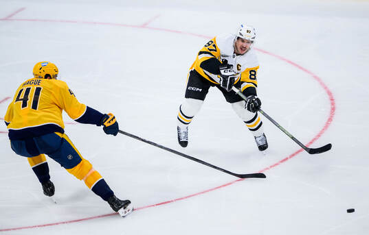 Nicolas Hague of Nashville Predators and Sidney Crosby of