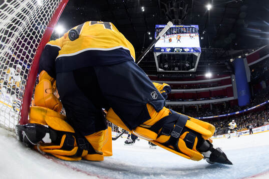 goaltender Juuse Saros of Nashville Predators lets in the