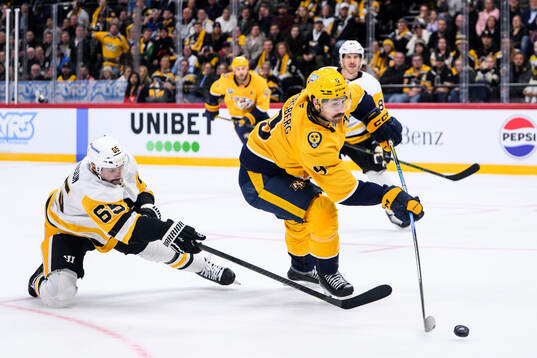 Erik Karlsson of Pittsburgh Penguins and Filip Forsberg of