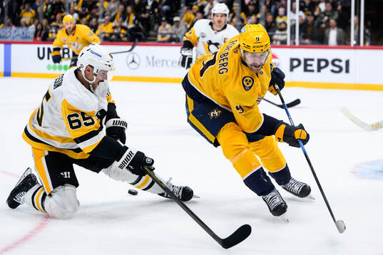 Erik Karlsson of Pittsburgh Penguins and Filip Forsberg of