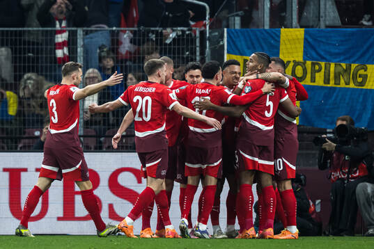 Players of Switzerland celebrate the 1-0 goal by Breel