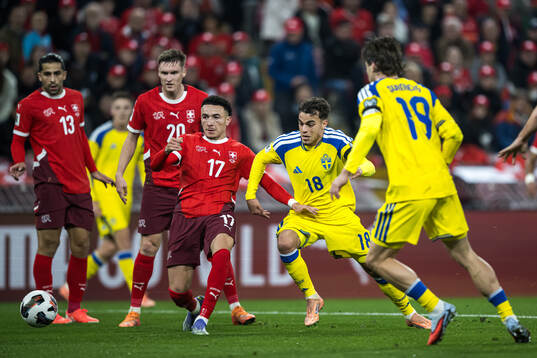 Yasin Ayari and Mattias Svanberg of Sweden against Ruben