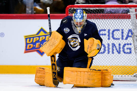 goaltender Juuse Saros at a practice session with Nashville
