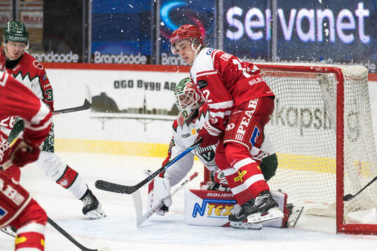Timrås Linus Eriksson och Frölundas målvakt Tobias