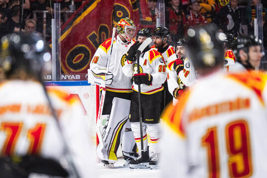 Brynäs målvakt Damian Clara, Linus Ölund och lagkamrater