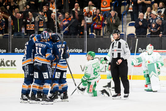 Växjös spelare jublar med Brian Cooper