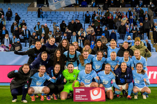 Malmö FFs spelare jublar med en check från svenska spel