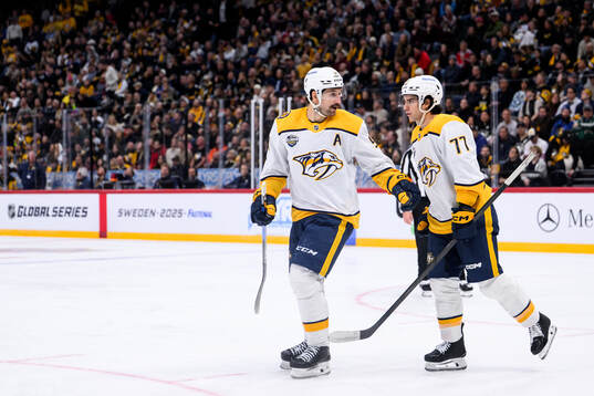 Filip Forsberg and Luke Evangelista of Nashville Predators