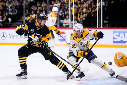 Danton Heinen of Pittsburgh Penguins and Ozzy Wiesblatt of