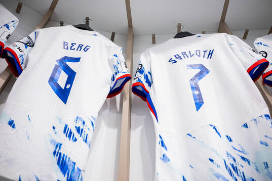 The kits of Patrick Berg and Alexander Sørloth of Norway