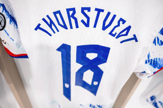 The kit of Kristian Thorstvedt of Norway in the dressing