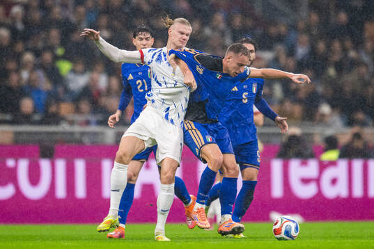 Erling Braut Haaland of Norway and Davide Frattesi of Italy