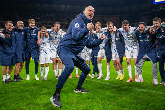 Ståle Solbakken, head coach of Norway, celebrates with