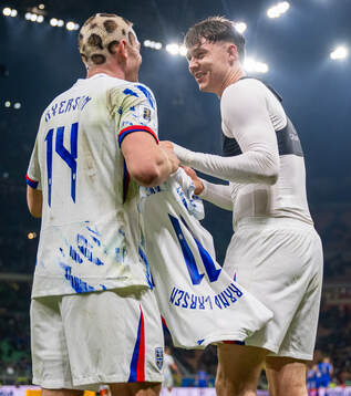 Jørgen Strand Larsen celebrates with teammate Julian