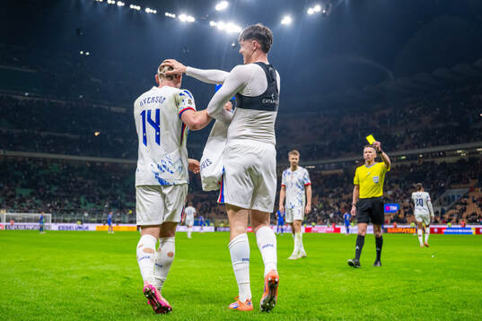 Jørgen Strand Larsen celebrates with teammate Julian