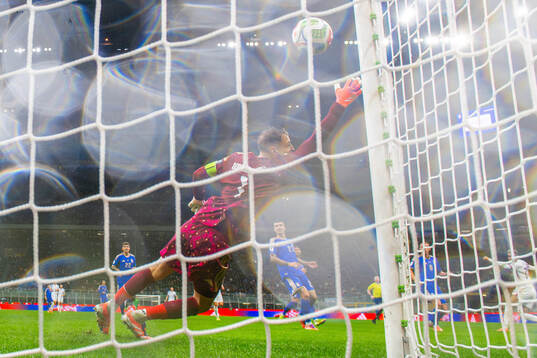Antonio Nusa of Norway scores the 1-1 goal behind