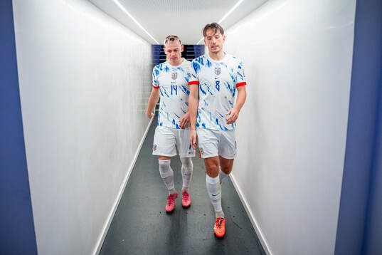 Julian Ryerson and Sander Berge of Norway at half-time
