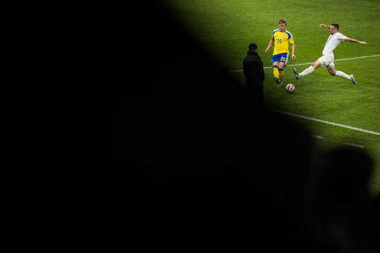 Emil Krafth of Sweden and Timi Elsnik of Slovenia