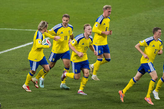 Gustav Lundgren of Sweden celebrates with Emil Forsberg