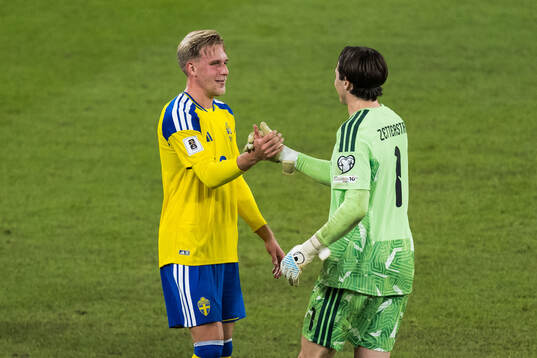 Herman Johansson and goalkeeper Jacob Widell Zetterström