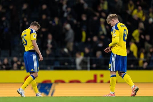 Carl Starfelt and Daniel Svensson of Sweden look dejected