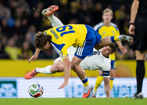 Mattias Svanberg of Sweden in action against Jaka Bijol of