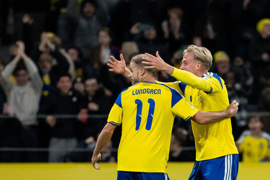 Gustav Lundgren and Herman Johansson of Sweden celebrate