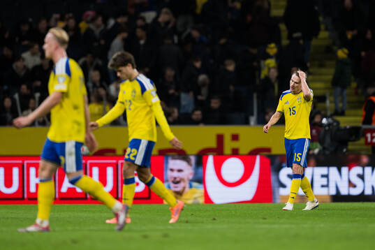 Carl Starfelt of Sweden looks dejected at half time of the