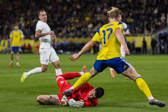 Goalkeeper Igor Vekic of Slovenia and Isac Lidberg of Sweden
