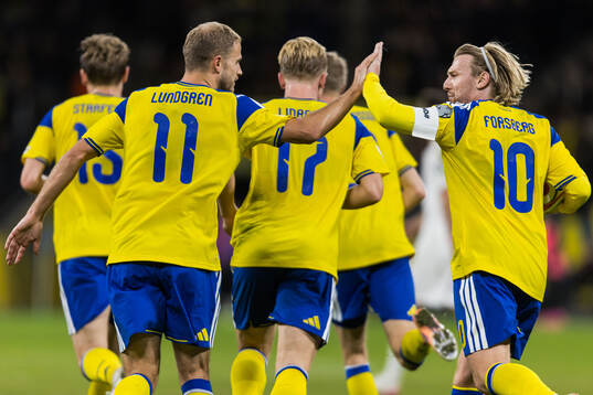 Gustav Lundgren of Sweden celebrates with Emil Forsberg