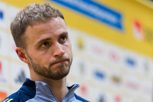 Gustav Lundgren of Sweden in mixed zone