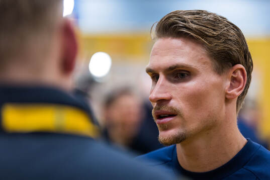 Carl Starfelt of Sweden in mixed zone