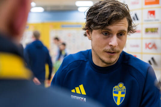 Victor Nilsson Lindelöf of Sweden in mixed zone
