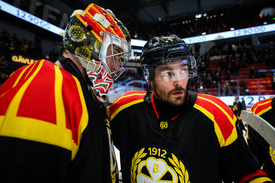 Brynäs målvakt Damian Clara jublar med Michal Kempny