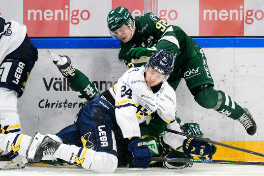 HV71s Hampus Eriksson och Färjestads Lucas Forsell och