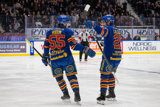 Djurgårdens Charles Hudon och Joseph Laleggia jublar