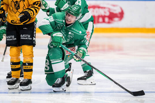 Rögles Anton Bengtsson har ontunder ishockeymatchen i SHL