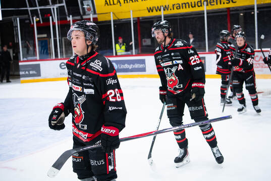 Nybro Vikings Theo Jacobsson och Marcus Bergman jublar