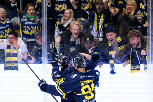 HV71s Hugo Pettersson och Aleksi Heponiemi  jublar