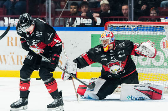 Malmö Redhawks Eemil Viro och målvakt Marek Langhamer