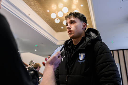 Kenan Busuladzic of Malmö FF is interviewed at the hotel