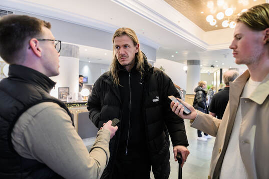 Goalkeeper Johan Dahlin of Malmö FF is interviewed at the