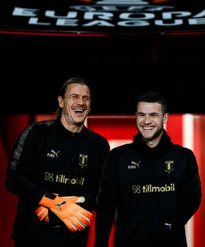 Goalkeeper Johan Dahlin and Gabriel Busanello  of Malmö FF